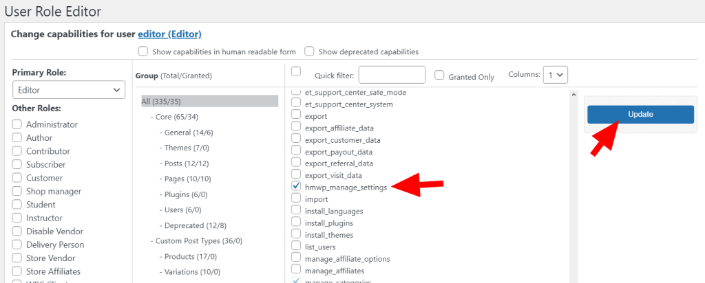 User Role Editor showing the hmwp_manage_settings capability selected for a user