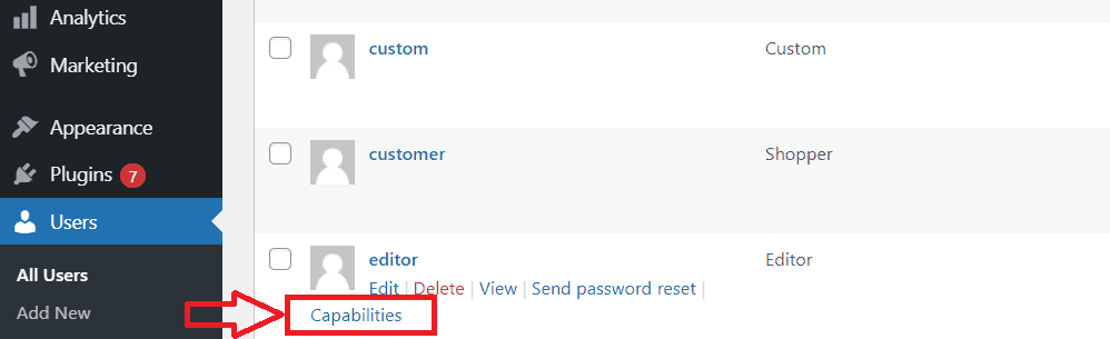 WordPress Users list showing the Capabilities link in the user row menu