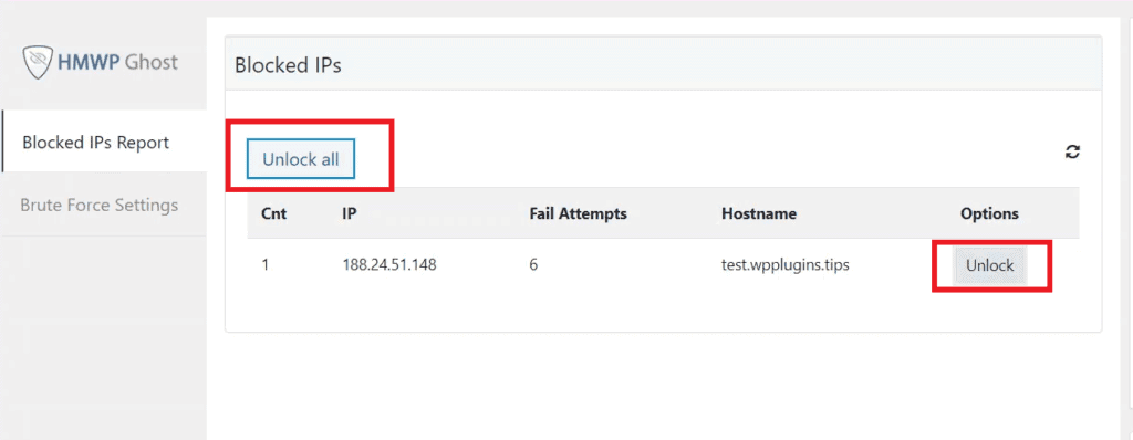 WP Ghost Blocked IPs Report showing IP addresses, failed attempts, and hostnames