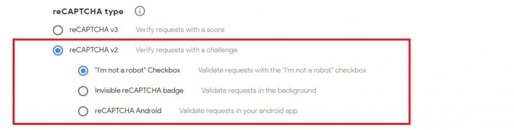 Google reCAPTCHA admin console showing reCAPTCHA v2 type selection and domain registration
