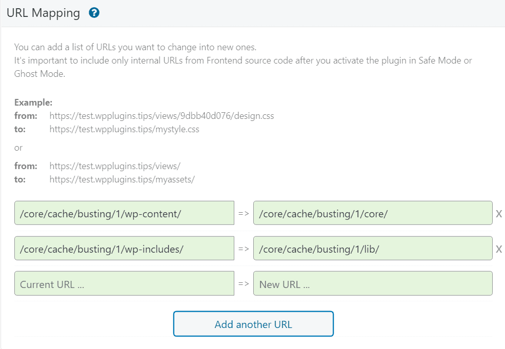 WP Ghost URL Mapping showing WP Rocket cache directory mapped to a custom path