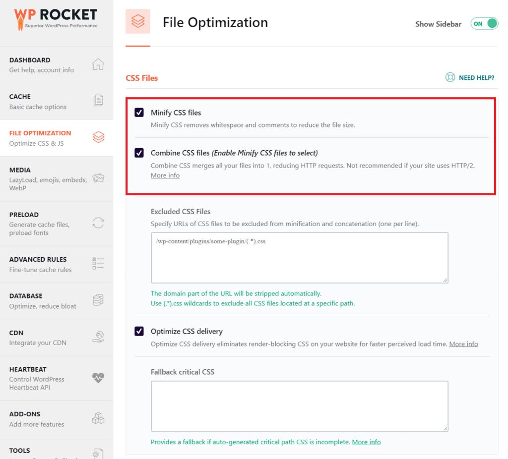 WP Rocket File Optimization showing Combine CSS files option