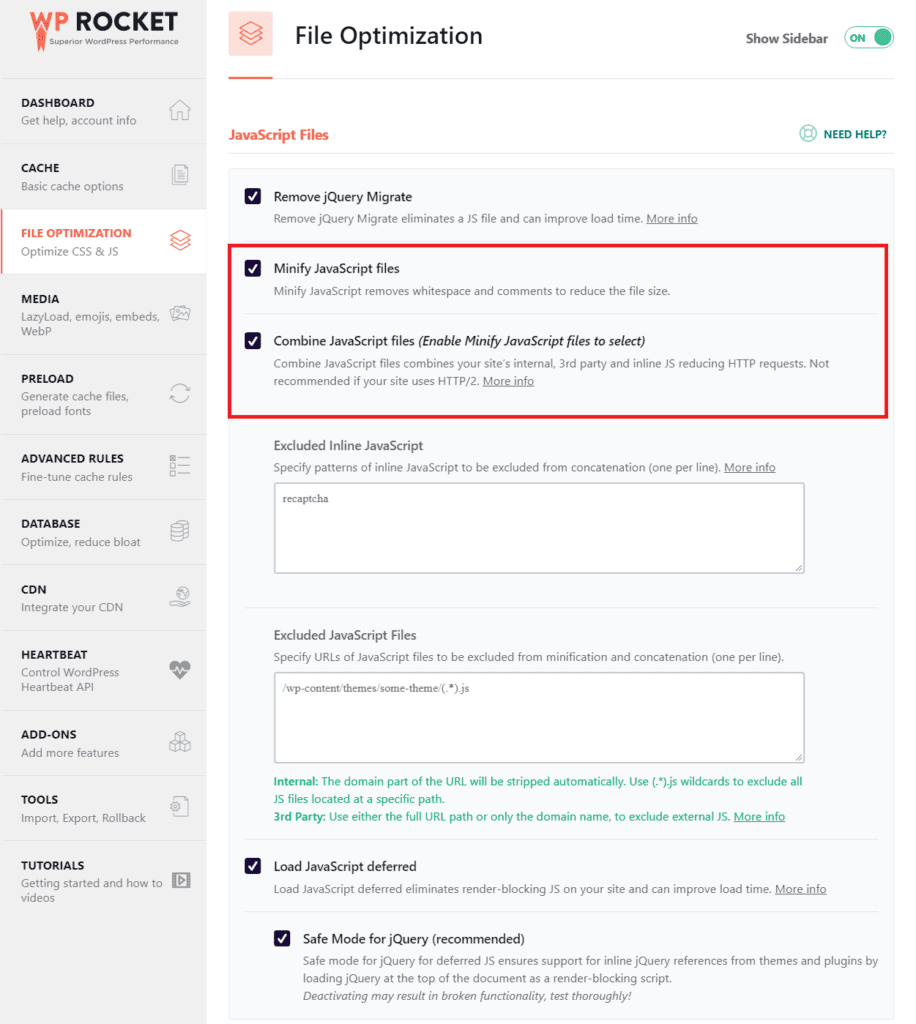WP Rocket File Optimization showing Combine JavaScript files option