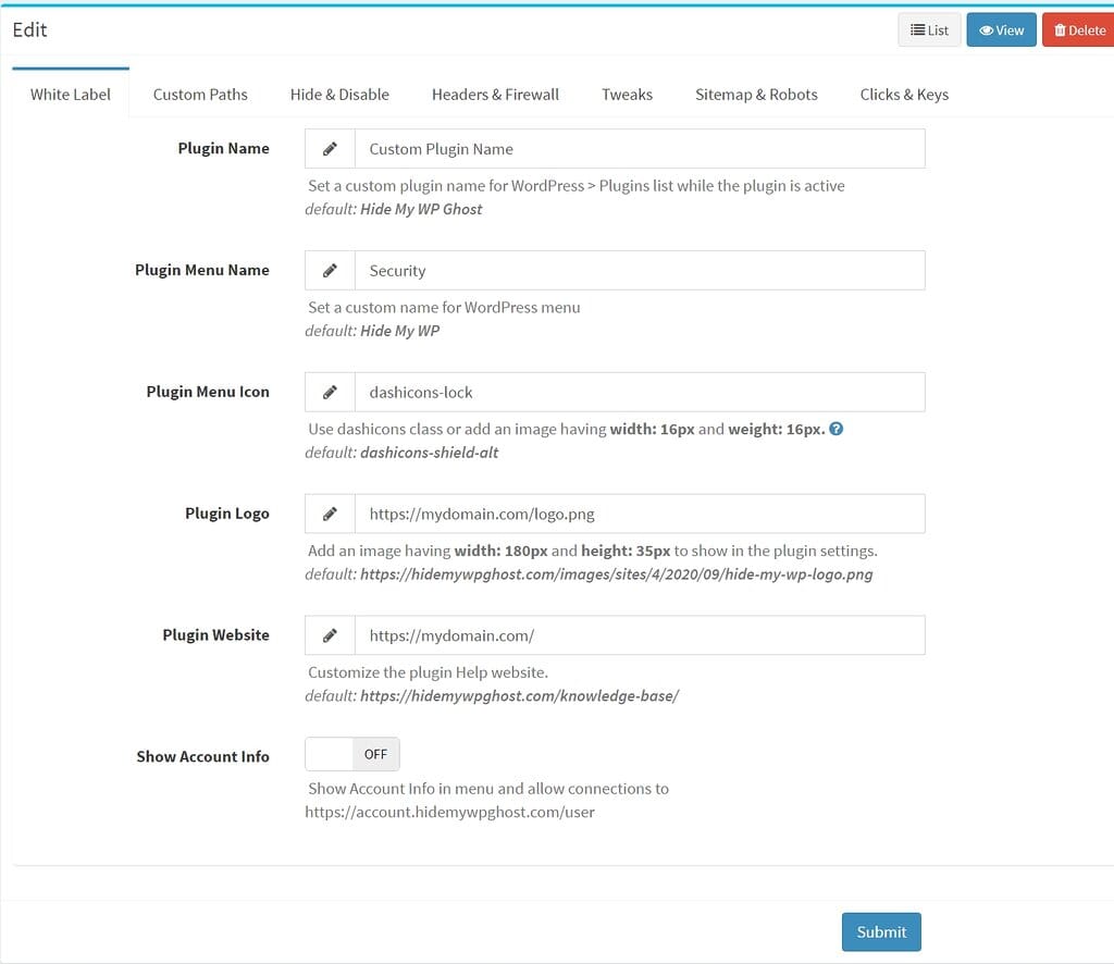 WP Ghost White Label deep settings panel showing preconfigurable security options