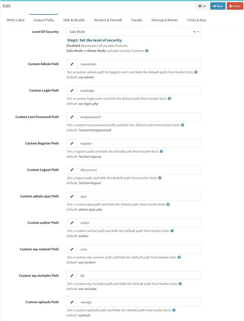 WP Ghost White Label preconfigured path security settings for client installations