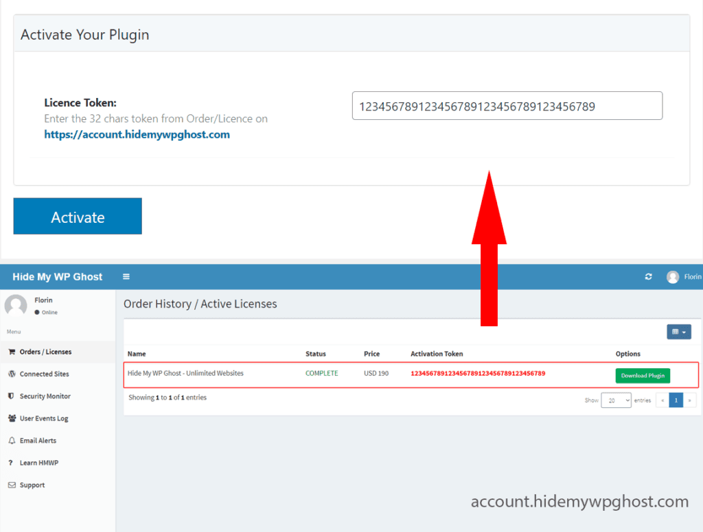 WP Ghost activation token entry screen showing where to paste your license key