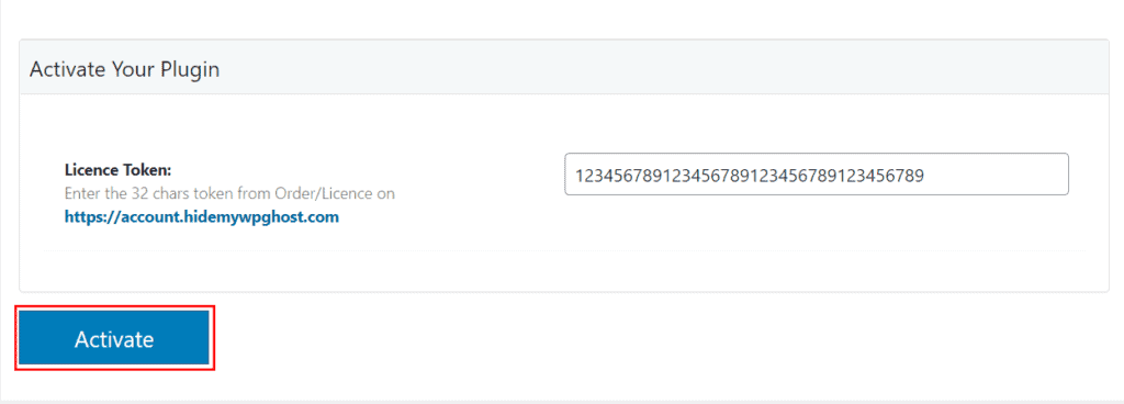 Entering the WP Ghost activation token to unlock premium features