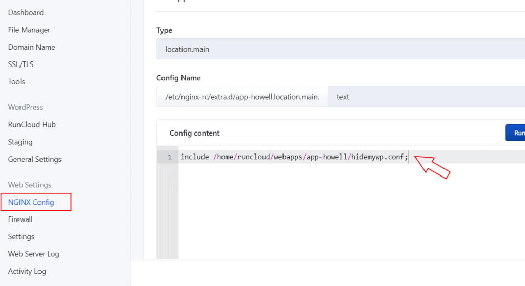 RunCloud NGINX Config panel with the WP Ghost include line added