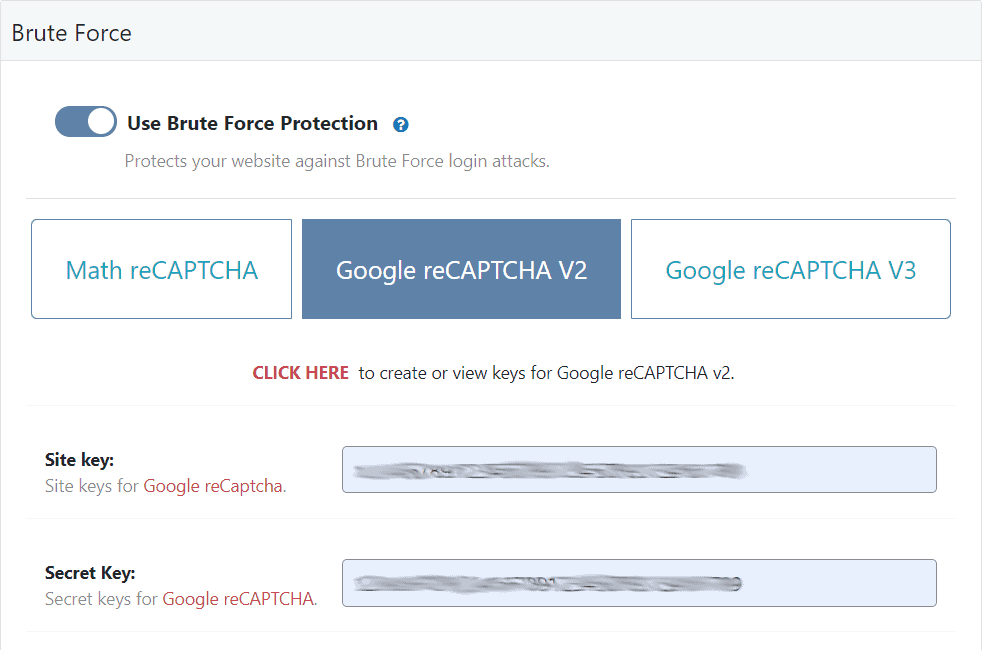 WP Ghost Google reCAPTCHA V2 selection with Site Key and Secret Key fields