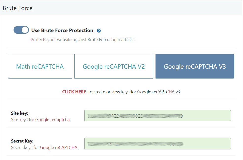 WP Ghost Google reCAPTCHA V3 selection with Site Key and Secret Key fields