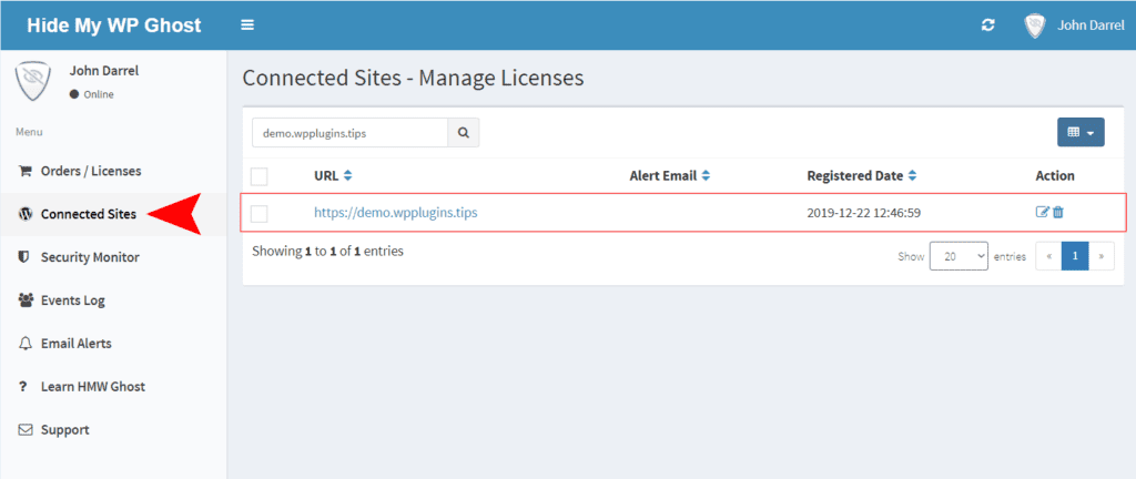 WP Ghost Dashboard showing connected websites list