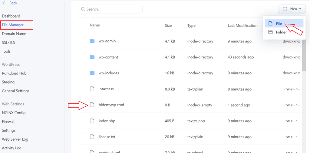 RunCloud File Manager showing hidemywp.conf being created in the website root