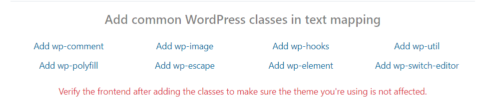 WP Ghost predefined WordPress classes list showing one-click add to Text Mapping