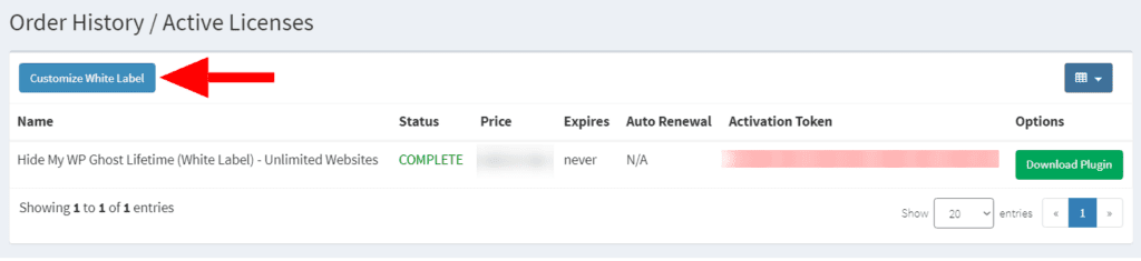 WP Ghost Cloud dashboard showing the Customize White Label button for agency accounts