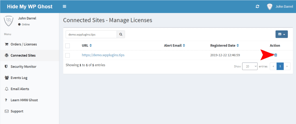 WP Ghost Dashboard showing delete button to remove a connected website license