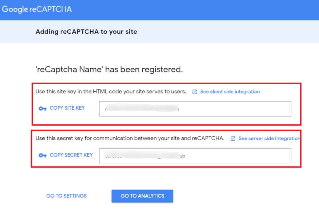 Google reCAPTCHA admin showing the generated Site Key and Secret Key
