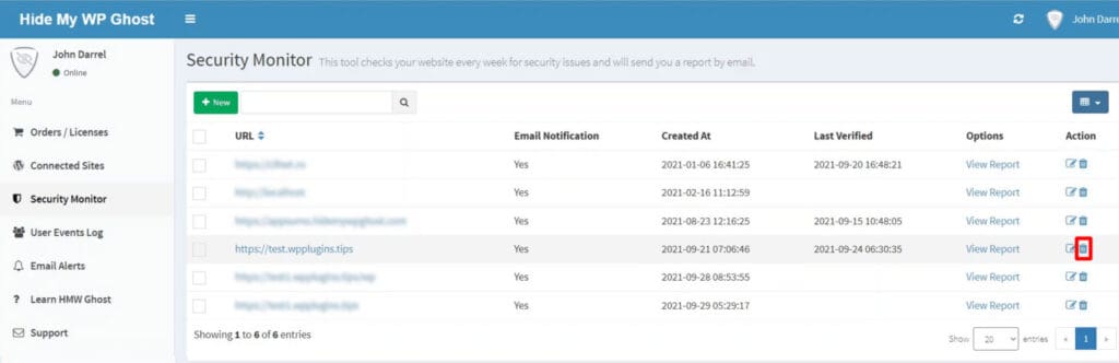 WP Ghost Security Monitor list showing the delete icon to remove a website from monitoring