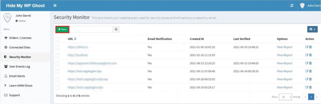 WP Ghost Security Monitor panel showing the +New button to add a website for weekly scanning