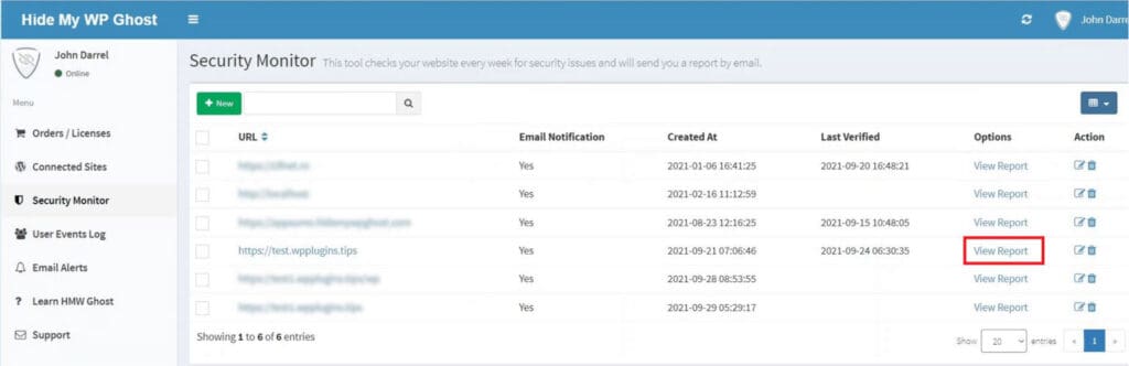WP Ghost Security Monitor showing the View Report button next to a monitored website