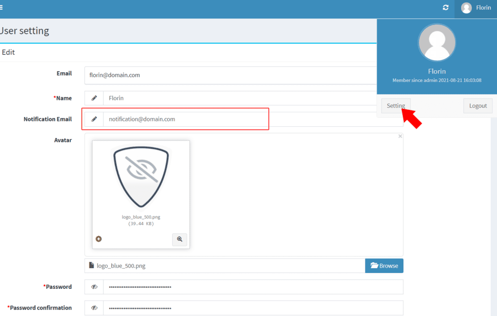 WP Ghost Dashboard Profile Settings showing the notification email configuration field