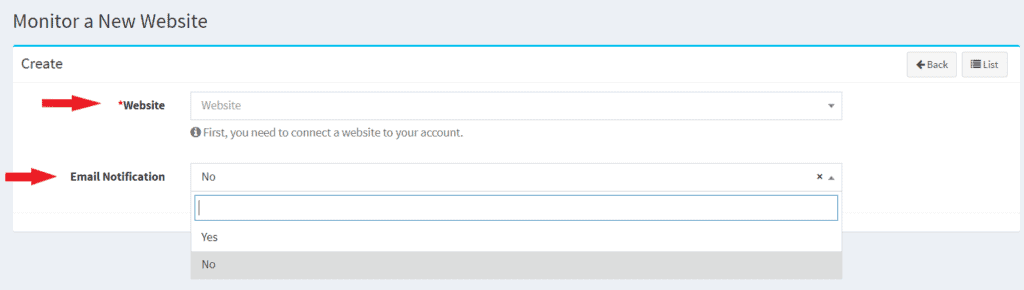 WP Ghost Security Monitor add new website panel with site selection and email notification toggle
