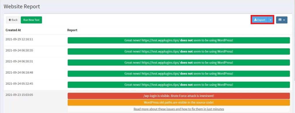 WP Ghost Security Monitor Export button to download a copy of the security report