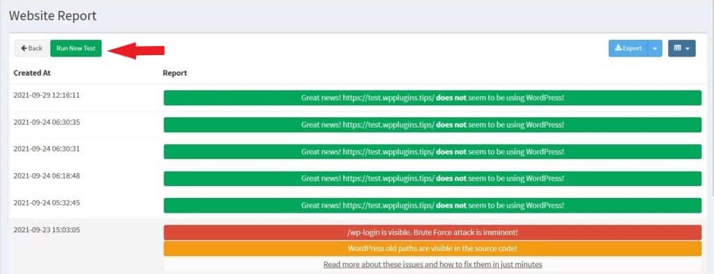 WP Ghost Security Monitor Run New Test button to generate an updated security report