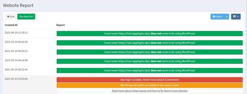WP Ghost Security Monitor website report showing blue informational and red critical notifications