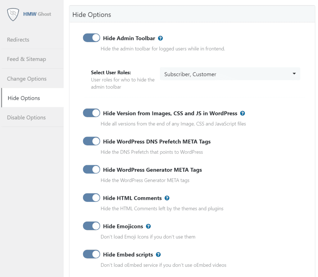 WP Ghost Tweaks Hide Options panel showing version hiding and META tag options