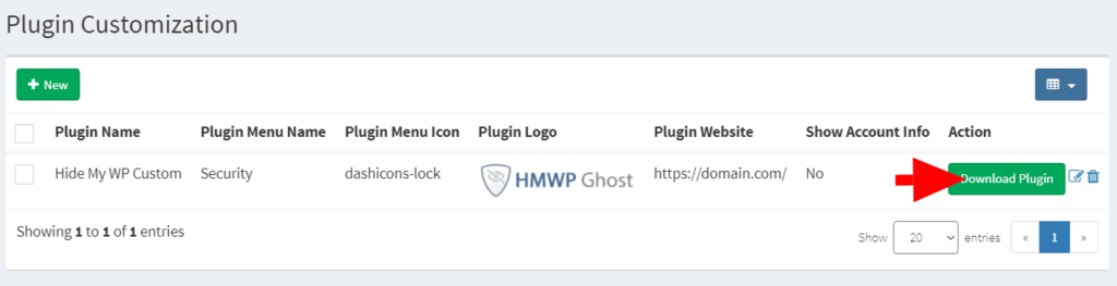 WP Ghost White Label download button for the customized plugin ZIP file