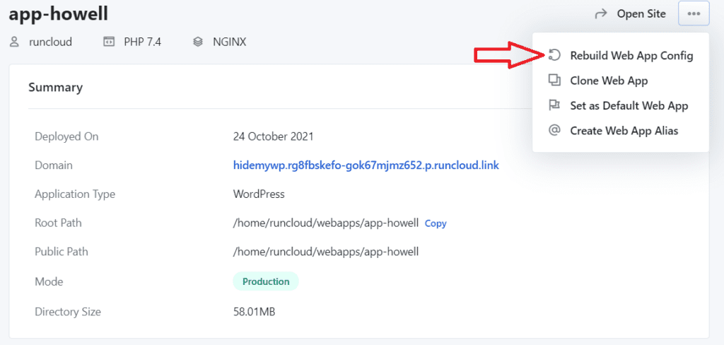 RunCloud Rebuild Web App Config button to apply Nginx changes