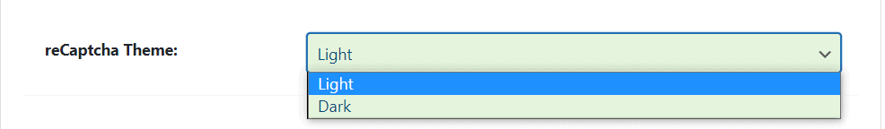 WP Ghost reCAPTCHA theme selection showing Light and Dark theme options