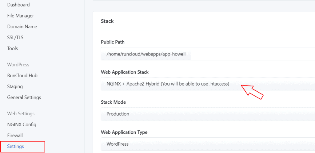 RunCloud Web Application Stack showing NGINX + Apache2 Hybrid selected