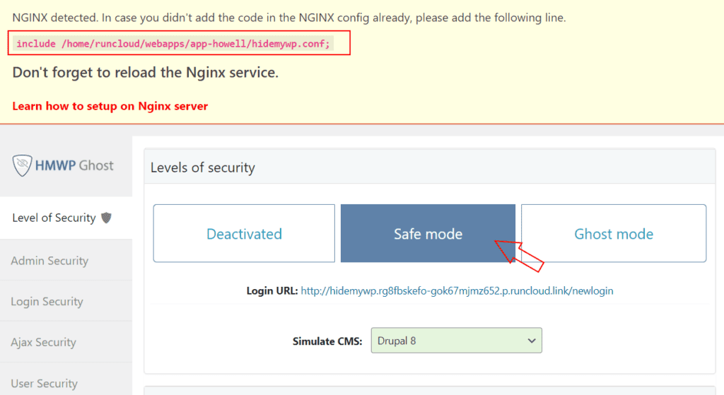 WP Ghost showing the hidemywp.conf include line after saving Safe Mode