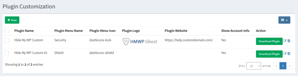 WP Ghost White Label List showing all customized plugin configurations with download buttons