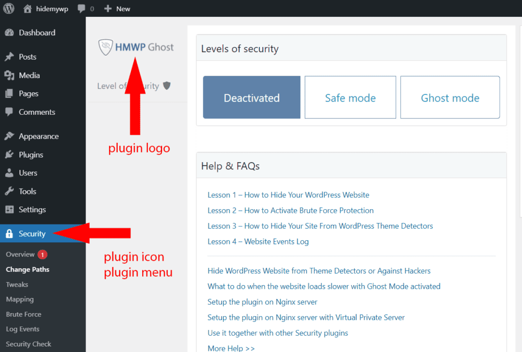 WP Ghost settings page showing a custom white-labeled logo and menu icon