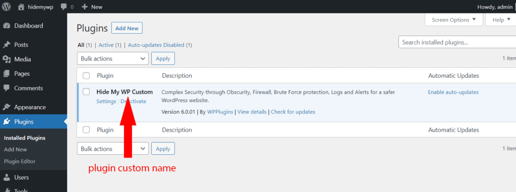 WordPress Plugins list showing the white-labeled custom plugin name instead of WP Ghost