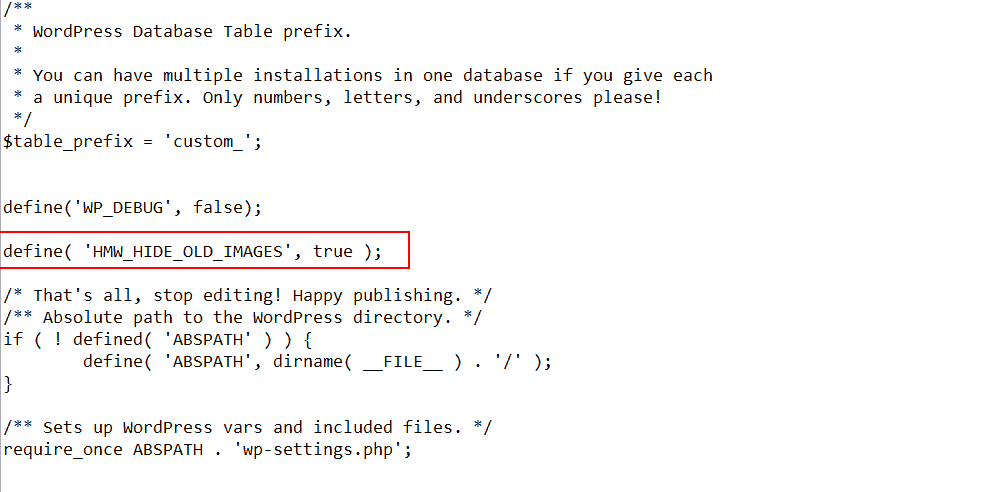 wp-config.php file showing the HMW_HIDE_OLD_IMAGES constant