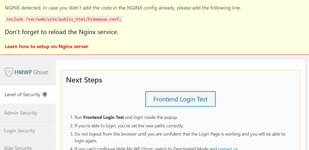 WP Ghost settings saved with custom paths configured on Kinsta