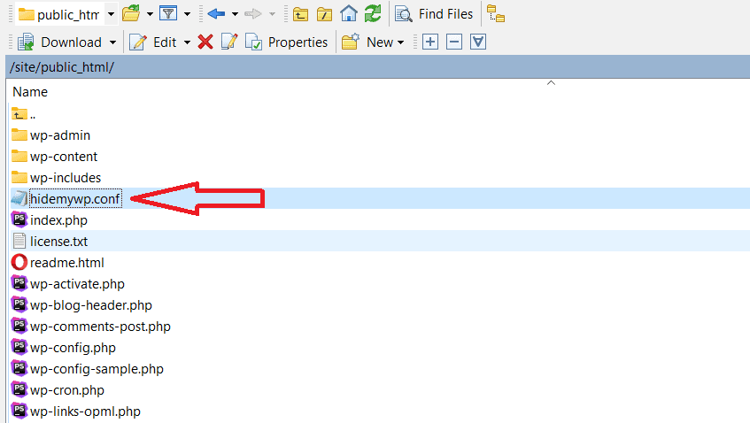 Downloading the hidemywp.conf file from WordPress root directory via File Manager