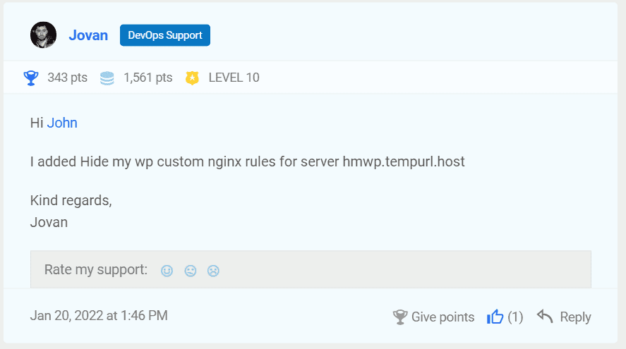 WPMUDEV support ticket requesting hidemywp.conf inclusion in Nginx configuration
