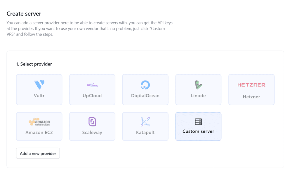 Ploi.io server creation panel showing Ubuntu and Nginx server setup options