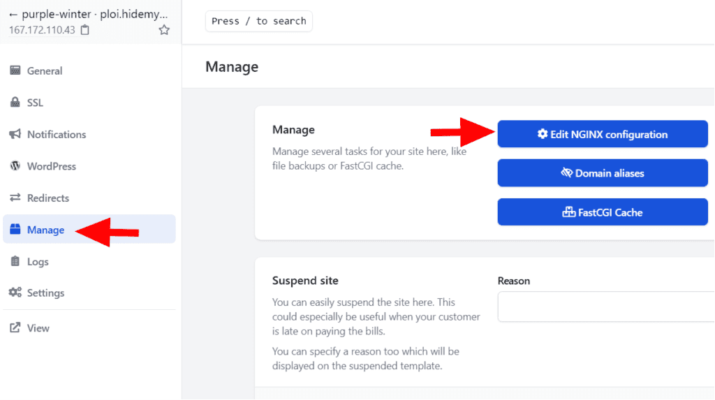 Ploi.io website management panel showing the Edit NGINX configuration button