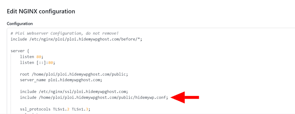 Ploi.io Nginx configuration editor with the hidemywp.conf include directive added before SSL settings