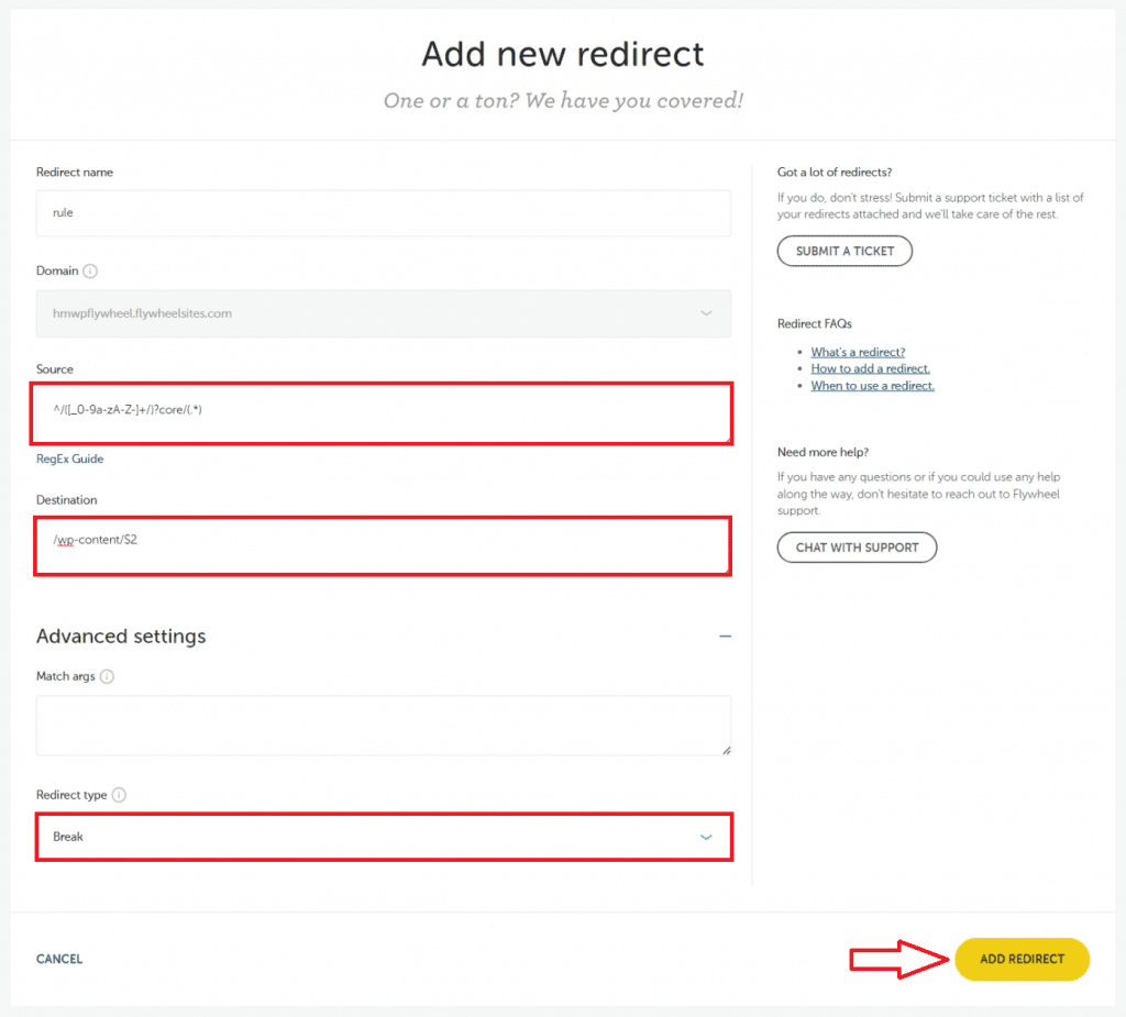 Adding WP Ghost redirect rules in the Flywheel hosting Redirect tool dashboard