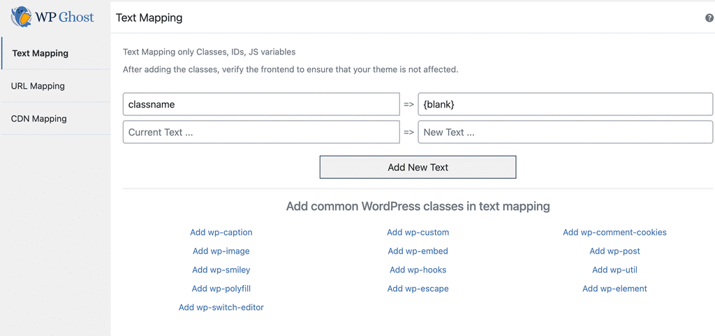 WP Ghost Text Mapping interface showing replacement rules that also apply to META tags with the Meta Mapping extension