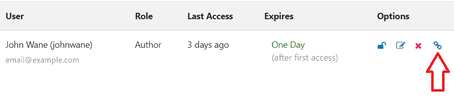 WP Ghost copy temporary login URL button in the Options column
