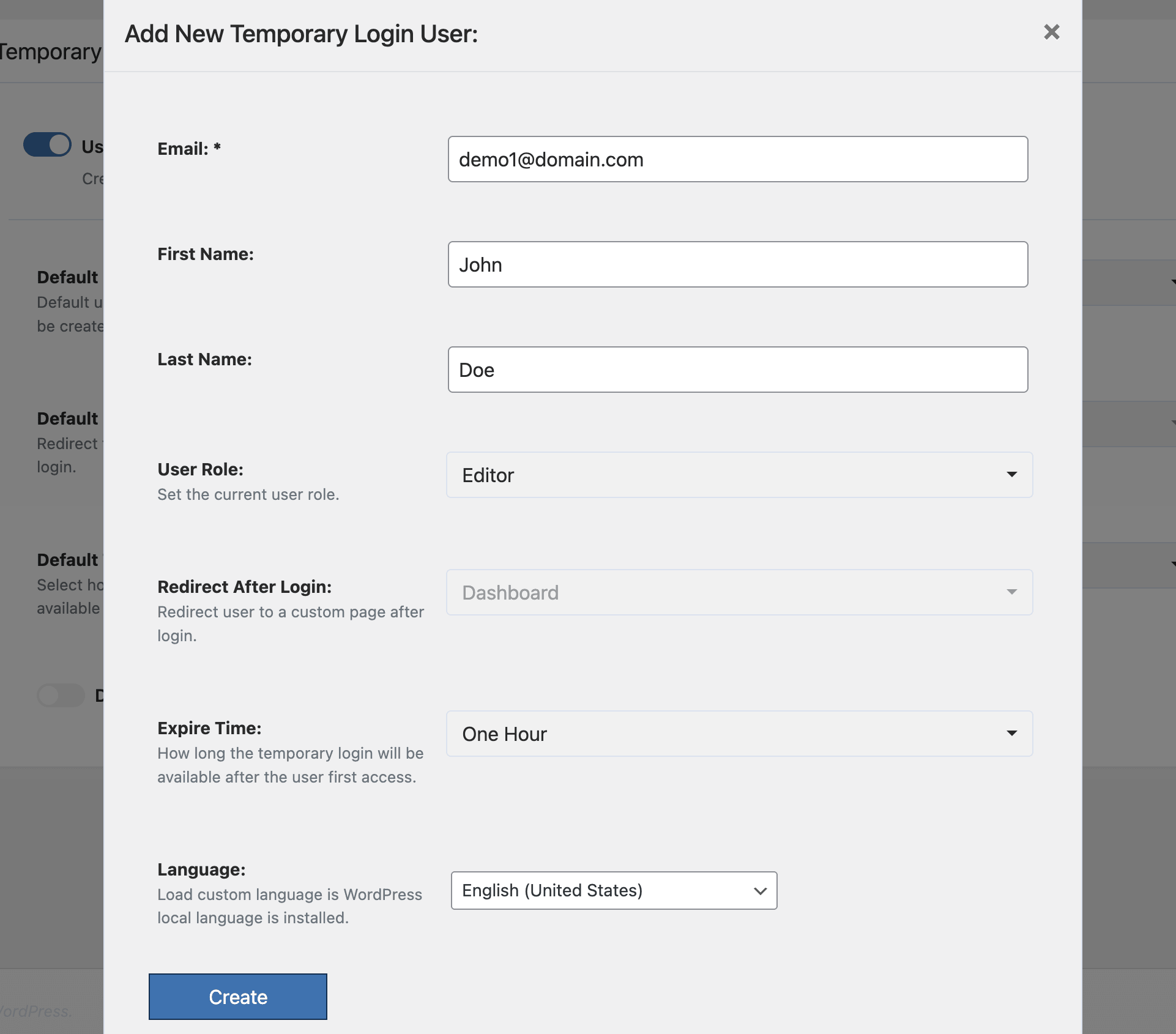 WP Ghost Create New Temporary Login form showing Email, Name, Role, Redirect, Expire Time, and Language fields