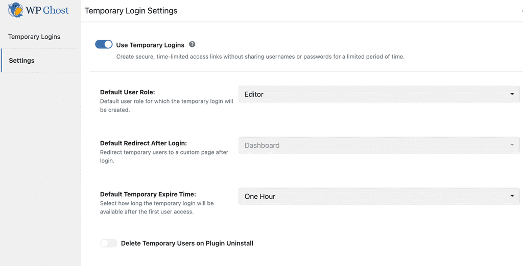 WP Ghost Temporary Logins default settings showing User Role, Redirect, Expire Time, and Delete on Uninstall options