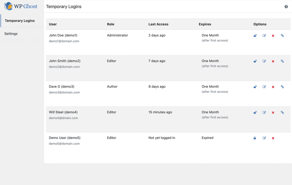 WP Ghost Temporary Logins list with the Add New Temporary Login button highlighted
